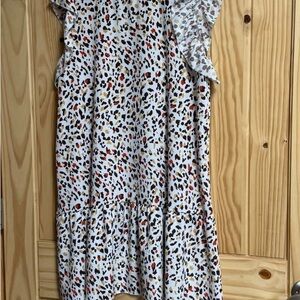 Girls' White Leopard Print Flutter Sleeve Dress